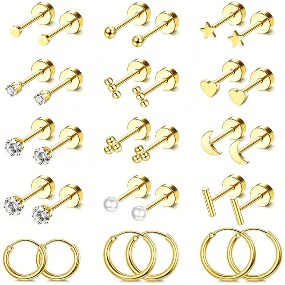 DESIGNICE Small Hypoallergenic Flat Back Stud Earrings for Women Men 14K Gold Plated Surgical Stainless Steel Earring Sets Tiny Screw Back Cartilage Earrings for Sensitive Ears