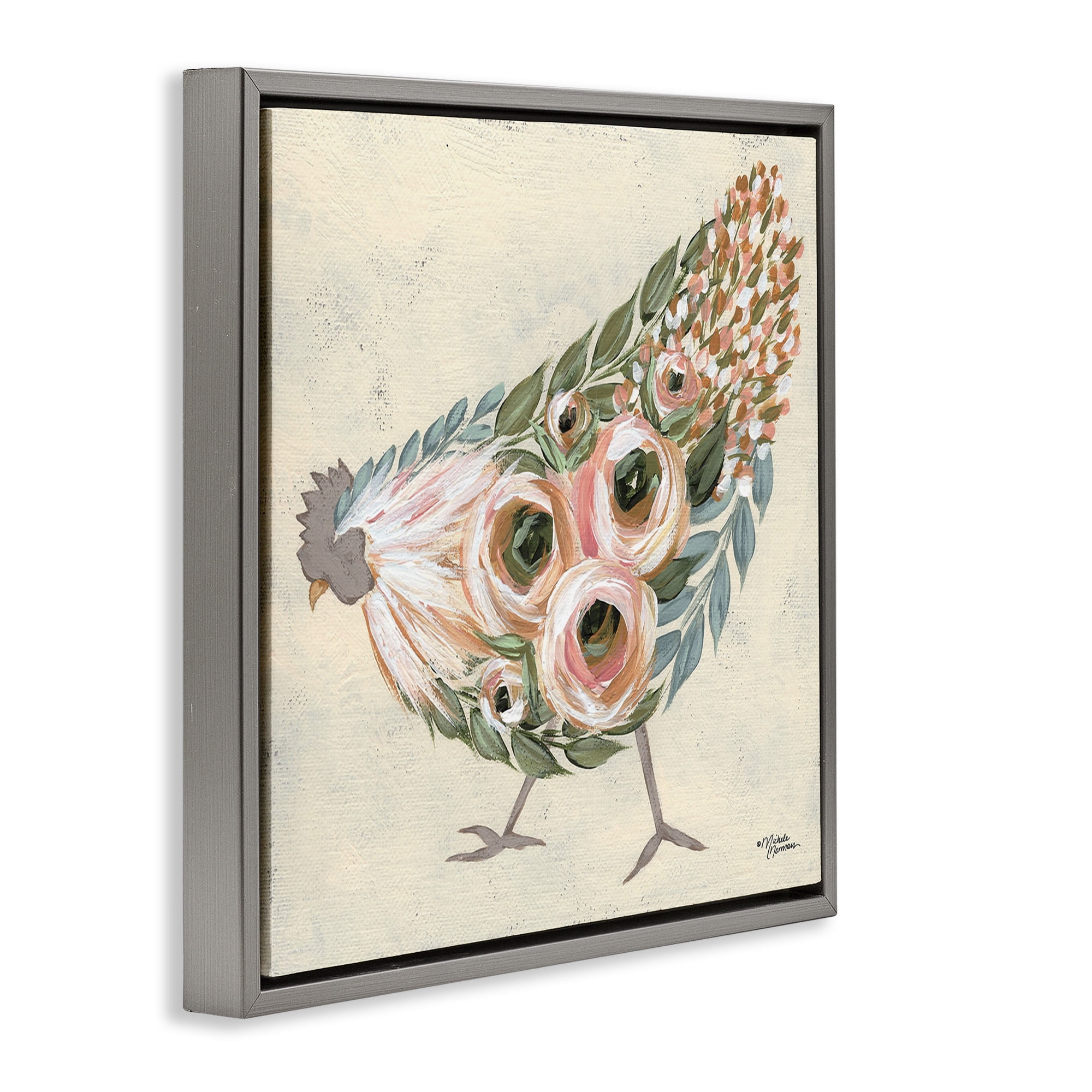Stupell Industries Vintage Chicken with Floral Body Animals & Insects Painting Gray Floater Framed Canvas Art Print Wall Art, 18 x 18