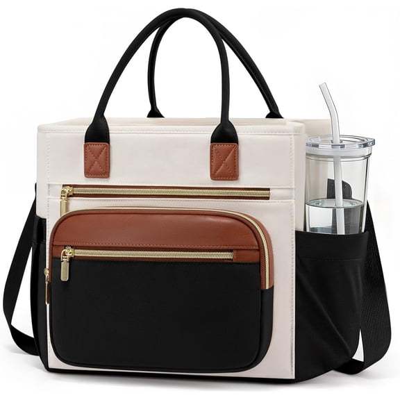 Lunch Bag Insulated 13L Wide Opening Cooler with Adjustable Shoulder Strap Cup Holder for Work School Teacher Picnic Travel Light Black White Brown