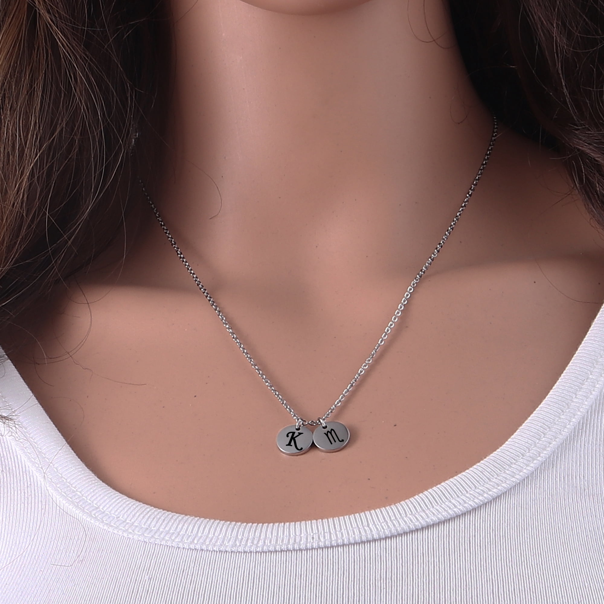 Personalized Round Constellation Initial Necklace - Engraved Zodiac Symbol Jewelry - Christmas Gift for Her - Stainless Steel - 18" Chain - Silver Scorpio