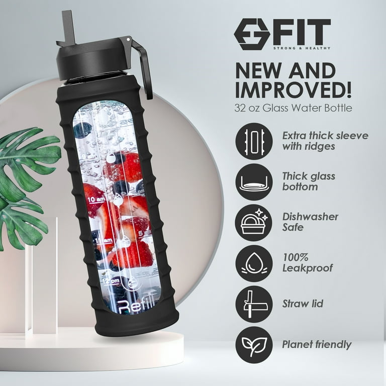 32 oz Glass Water Bottle with Straw Lid, Time Marker, Sleeve & Extra Lid -  Motivational, Wide Mouth, Large, Clear, Handle (Black Ribbed Sleeve) -  Walmart.com