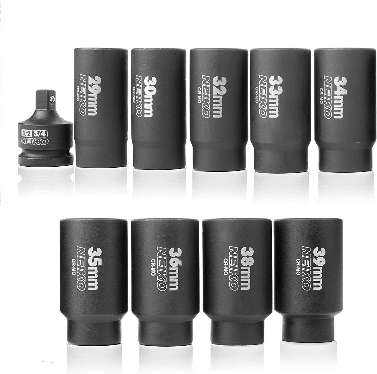 NEIKO 02531A 10 Piece 12 Point Socket Set 1/2” Drive, Lug Nut Remover, Spindle Nut Socket, Axle Nut Socket Set, Metric 29-39mm Socket 1/2 Drive Impact Set, Cr-Mo Impact Adapter, 3/4" -1/2” Reducer