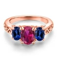 thumbnail image 3 of Gem Stone King 18K Rose Gold Plated Silver Red Created Ruby and Blue Created Sapphire Filigree Style 3 Stone Ring for Women (2.55 Cttw, Oval 8X6MM and 6X4MM) (Size 6), 3 of 6