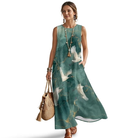 Jiueut Crane Bird Marble Print Sleeveless Maxi Dress for Women Maxi Summer Casual Long Dress Beach Vacation Clothes Crewneck Resort Wear with Pockets Tropical Travel, S