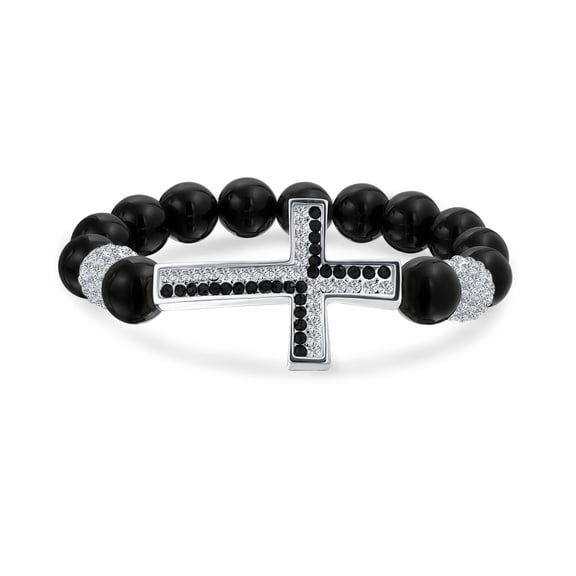 Bling Jewelry Womens Religious Cross Black Onyx Turquoise Crystal Stretch Bracelet Silver Plated