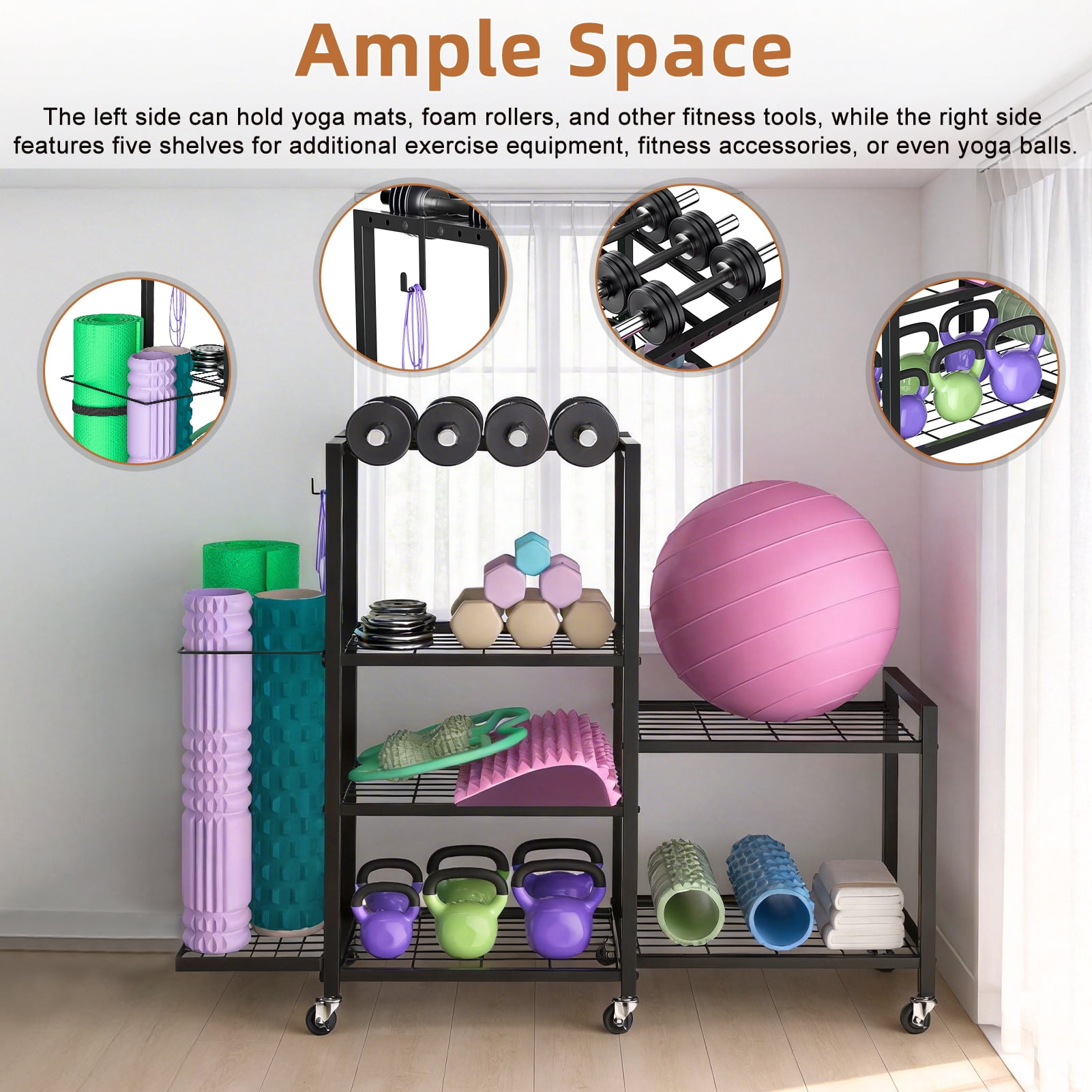 Home Gym Storage, Rack with Wheels, Adjustable Dumbbell Storage Yoga Mat Organizer, Multi-Purpose Fitness Equipment Stand