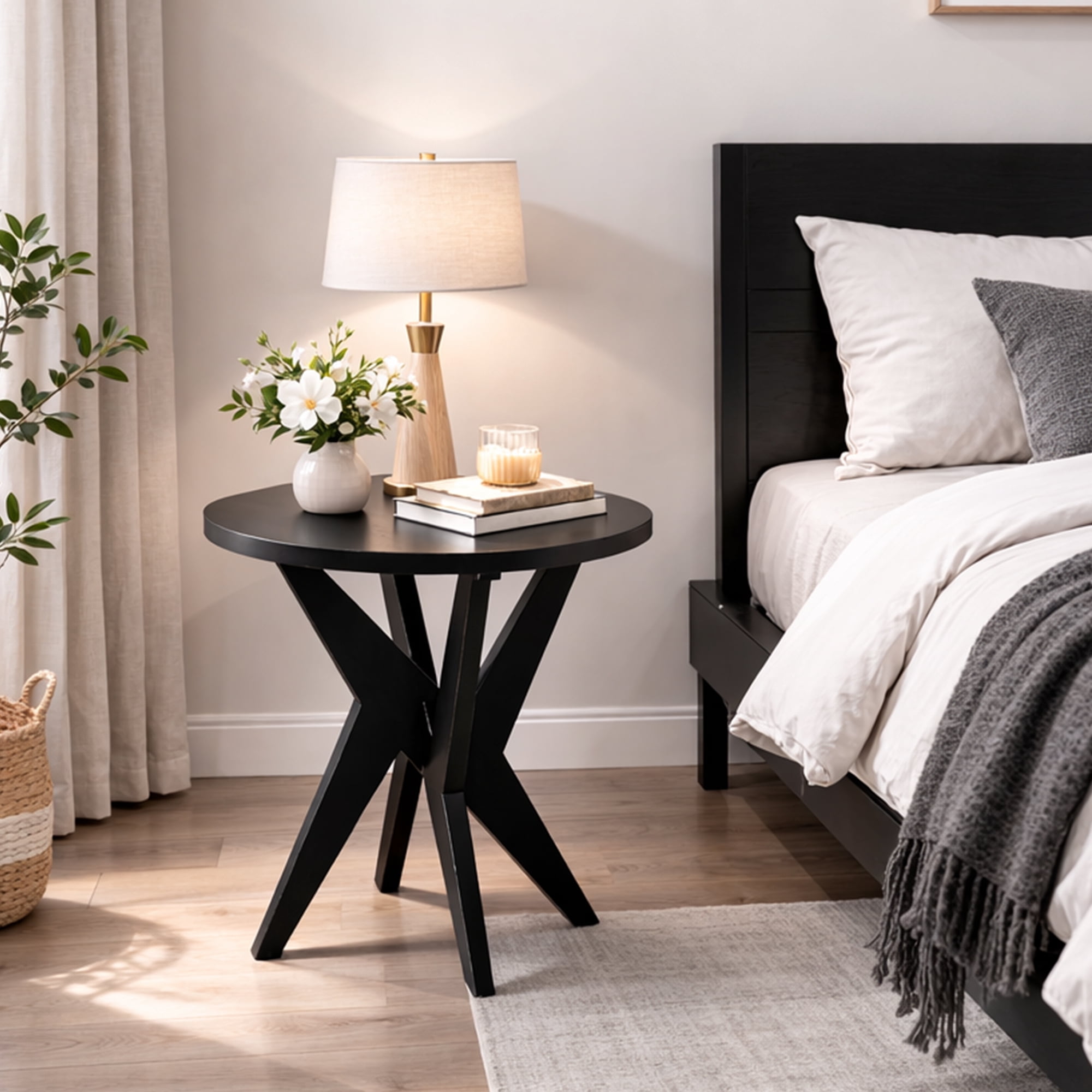 Set of 2 Round End Table 24'' High Side Table with Cross Legs, Modern Accent Bedside Table for Living Room, Balcony, Bedroom or Small Spaces, Black