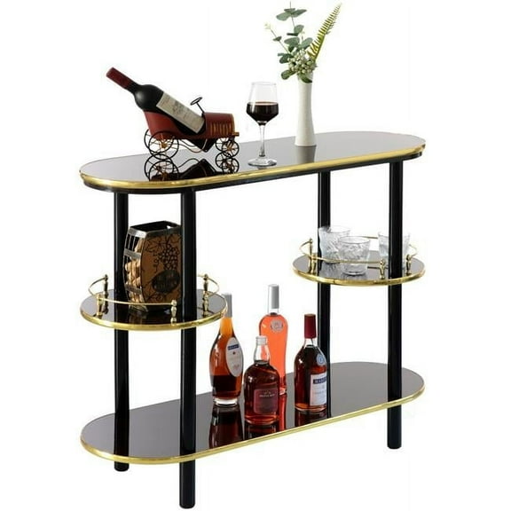 Modern Display Wooden Console Bar with Tiered Open Shelves, Mini Bar with Wine Storage, Brown