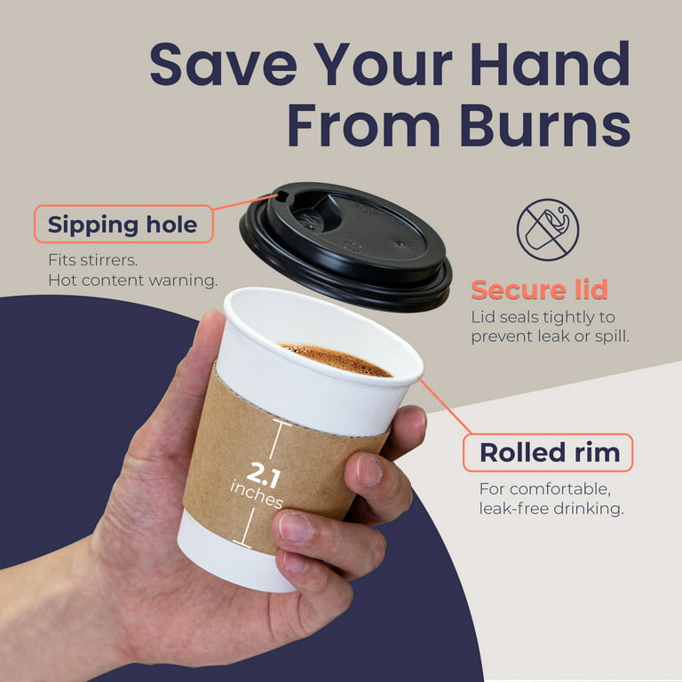100 Pack] 10oz Disposable White Paper Coffee Cups with Black Dome Lids and  Protective Corrugated Cup Sleeves - Perfect Disposable Travel Mug for Home,  Office, Coffee Shop, Travel, Tea 