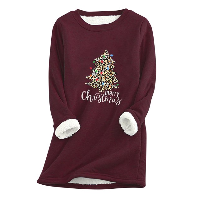 Camisas Navideñas Para Mujer, Camisetas de Manga Larga, Sudadera de Lana Gruesa, Ropa Interior Cálida de Cuello Redondo Con Estampado de Terciopelo Odeerbi ODB201195