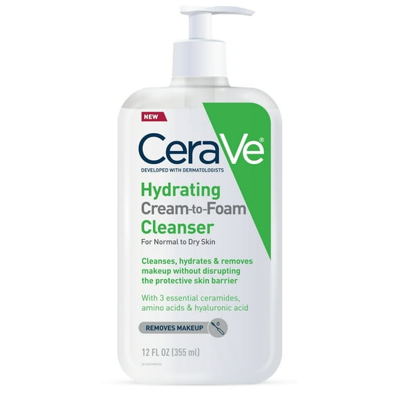 CeraVe Hydrating Cream-to-Foam Cleanser, Makeup Remover and Face Wash, with Hyaluronic Acid, Fragrance Free, 12 fl oz