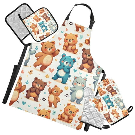 Cartoon Bears and Heart 5 Pcs Kitchen Set Heat Resistant Oven Mitts and Non-Slip Pot Holders with Adjustable Cooking Apron