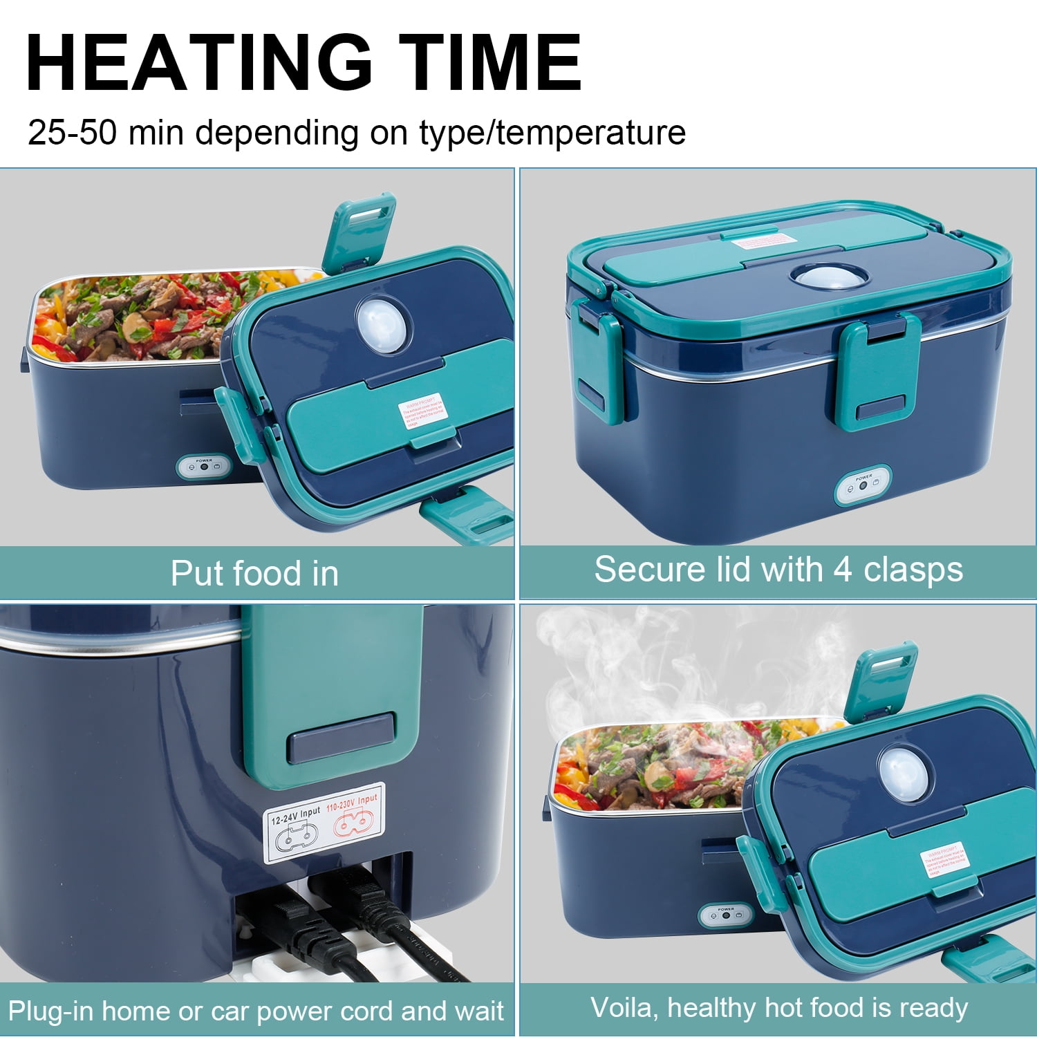 Romanda 1.8L Electric Heated Lunch Boxes for Adults 12V/24V/110V Portable Electric Lunch Box for Car/Office/Home – Leak Proof, 304 Stainless Steel Container, SS Fork & Spoon and Carry Bag - Sky Blue