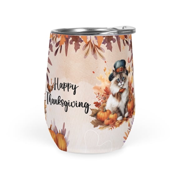 Happy Thanksgiving Ragdoll Welcome Thankful Fall Autumn Pumpkin 12oz Stainless Steel Wine Tumbler Insulated Cup with Lid Cat Lover Kitten Owner Gifts Idea - 02021