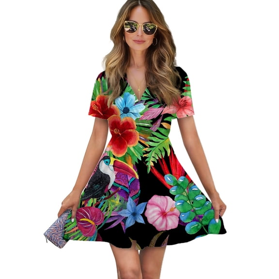 Hawaiian Beauty Women Dress V-Neck Short Sleeve Flowy Swing Party Midi Dress
