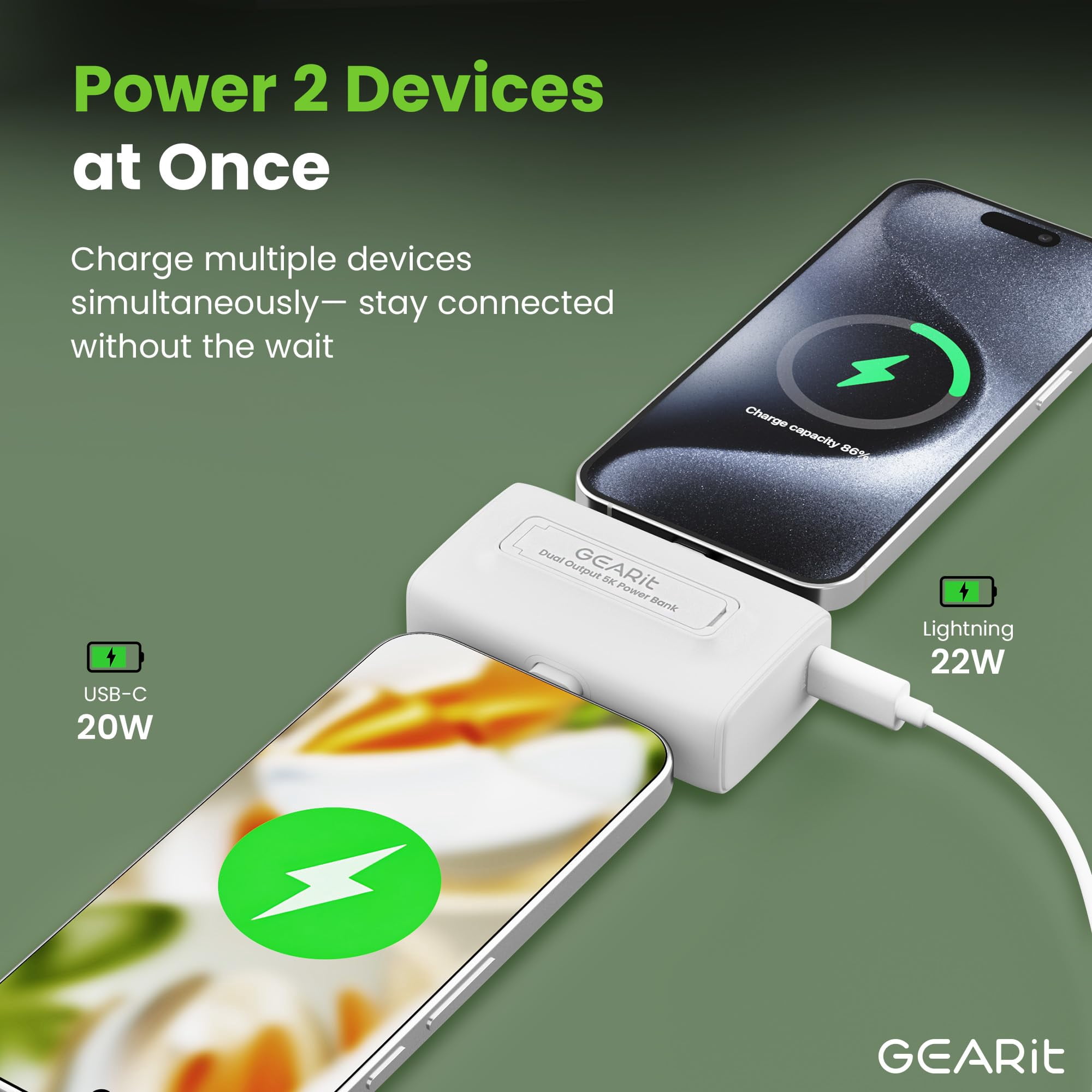 GEARit 5000mah Power Bank - Dual Output, Mini Battery Pack with Integrated USB-C and Lightning Connectors - Compact, Small Portable Charger Compatible - White