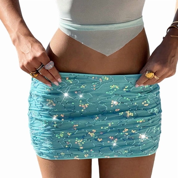 Women's High Waist Sequin Ruched Bodycon Mini Skirt Light Blue S