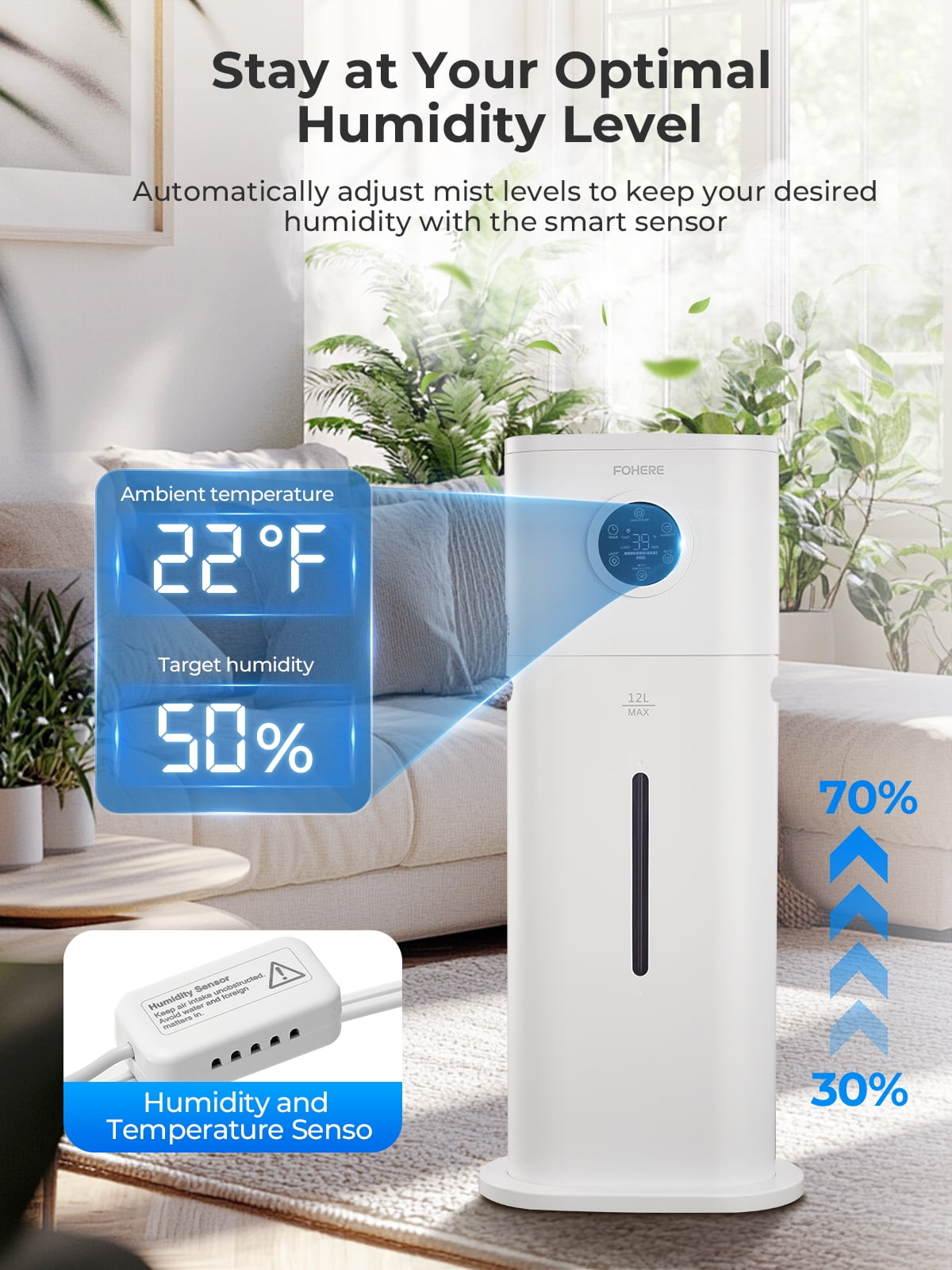 12L Large Room Cool Mist Humidifier, Ultrasonic Floor Humidifier with Smart Humidity Control, 24H Timer, Sleep Mode, Auto Shut Off, Quiet Top Fill Design, Ideal for Home, Baby Nursery, Plants, White
