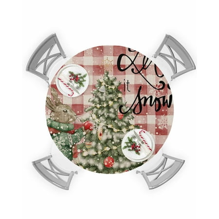 

Round Tablecloth with Elastic Christmas Vintage Squirrel Snowflakes Pine Tree Red Plaid Waterproof Table Cover Wipeable Fitted Table Cloths for 55 -60 Round Tables Dining Kitchen Indoor Outdoor Use