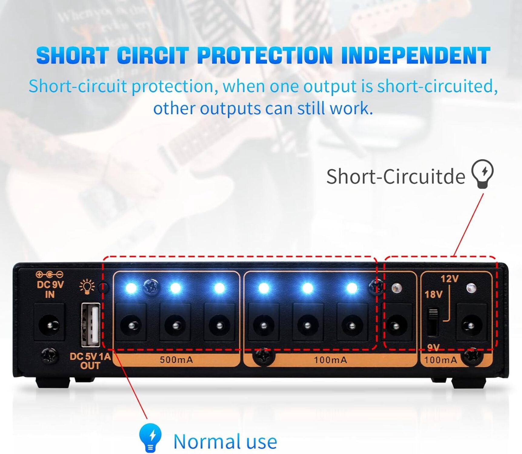 JOYO Pedal Power Supply 9V 12V 18V Built-in 4400mAh Rechargeable Battery with 8 DC Output