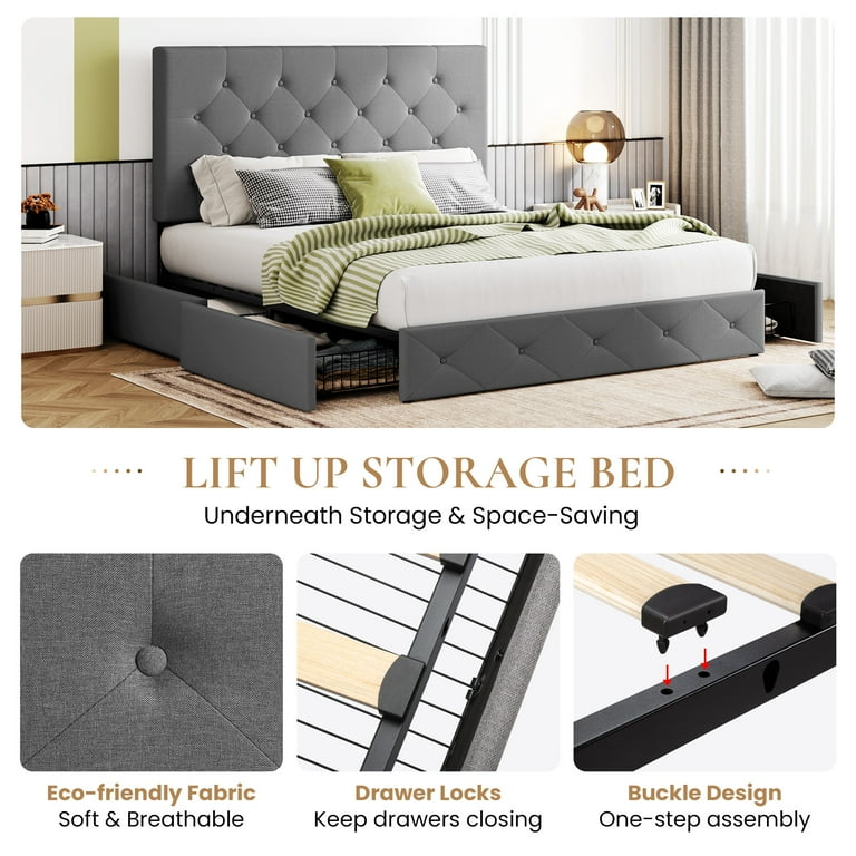 Dan & Shaileneさま専用 Sha Cerlin Light Grey Queen Fabric Platform Bed Frame with 4