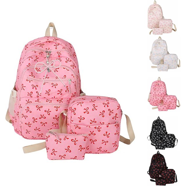 3pcs Set Bow Backpack for Woman - Back to School Season Essential, Large Capacity Waterproof Nylon + 10 Pockets, with Free Mini Purse for Teens & College
