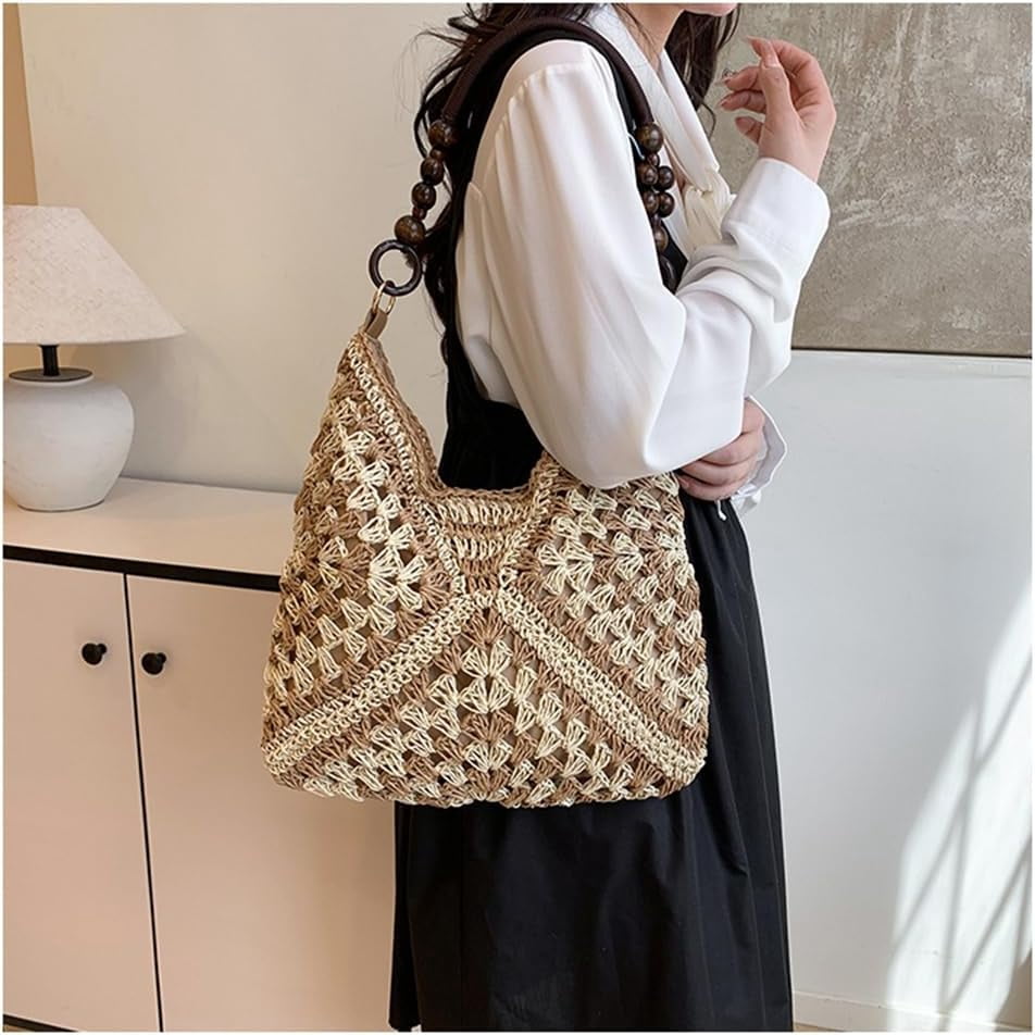 Crochet Bags for Women, Summer Straw Hobo Bag, Boho Woven Mesh Beach Tote with Large Capacity, Vacation Shoulder Handbag