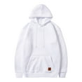 thumbnail image 4 of Men Casual Hoodies With Pocket Solid Color Drawstring Leather Label Comfortable Loose Trendy Sweatshirt For Daily Wear,White,S, 4 of 5