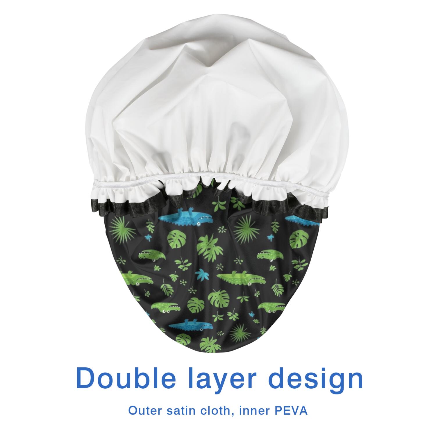 Shower Caps,Black Cartoon Crocodiles Leaves Pattern Waterproof Shower Cap for Women 4 Pieces,Double Reusable Hair Cover for Shower PEVA Elastic Stretch Hem
