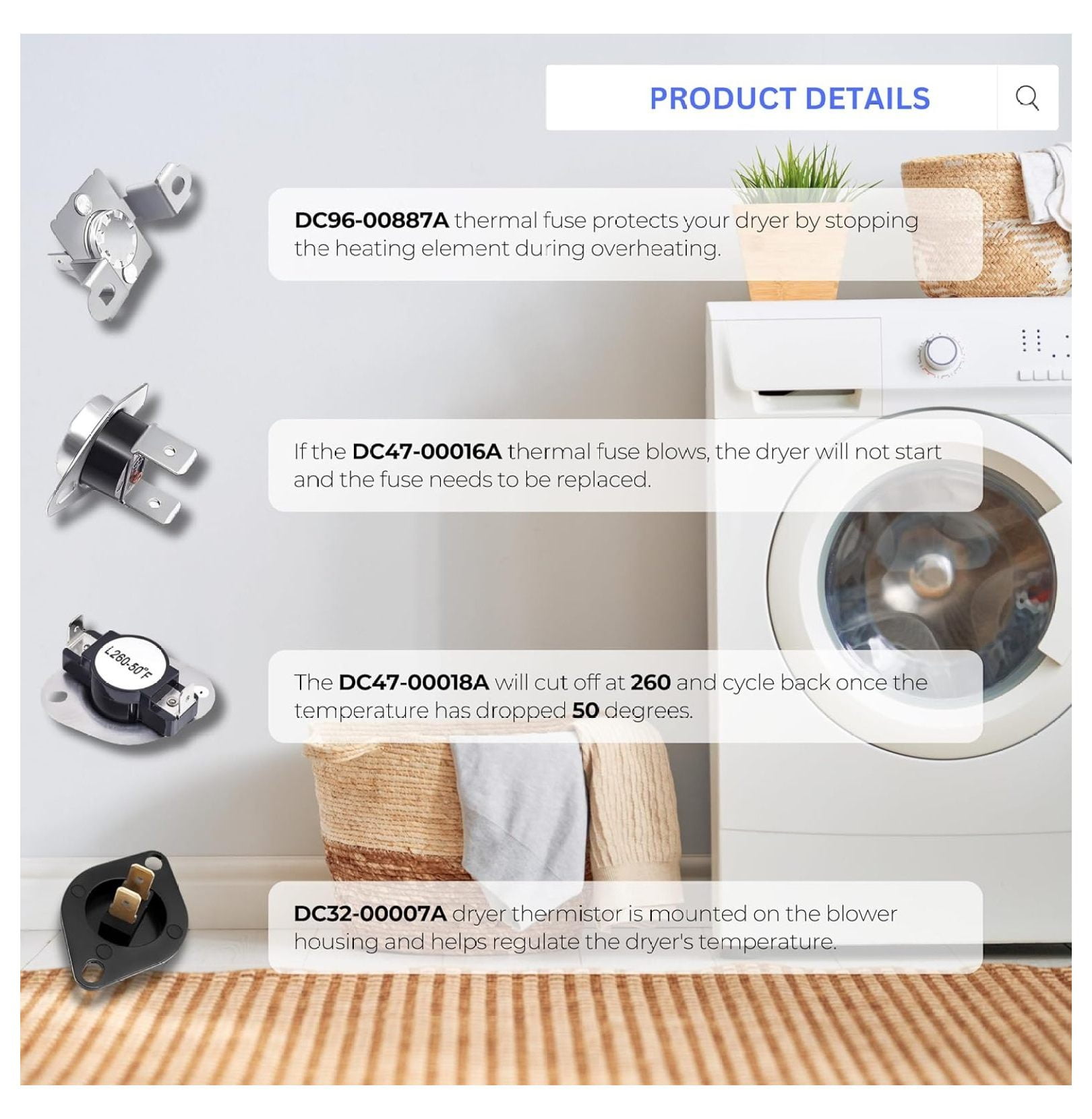 Dryer Heating Kit Compatible with Amana NED7200TW NED7200TW10 NED7200TW0 fits Inglis YIED7200TW10 Full Replacement Kit with Thermostat, Thermal Fuse & Thermistor