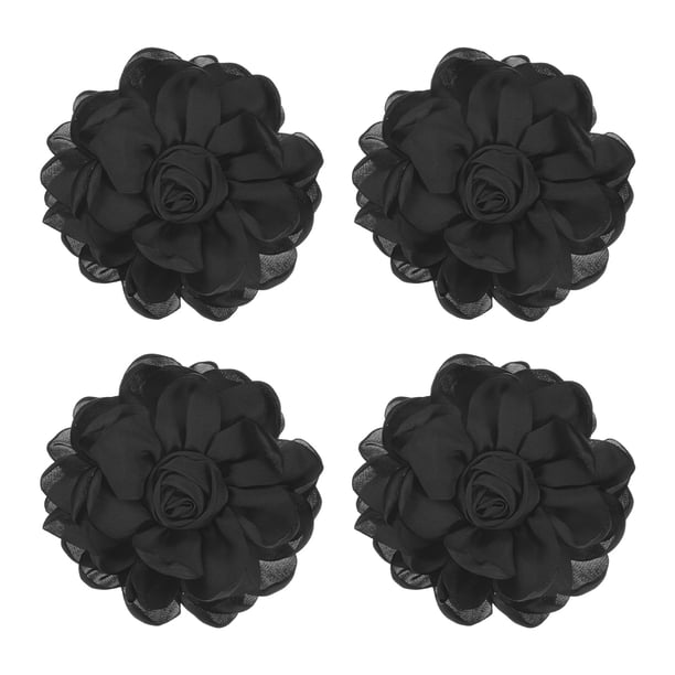 Uxcell 4 Paquete de Broches y Pines de Rosa para Mujeres, Pines de Solapa Delicados de Tela de Satén, Grandes Flores de Camelia, Clips Negros