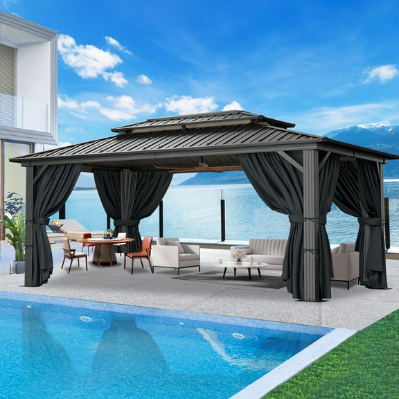 COBIZI 10x15ft Hardtop Gazebo, Polycarbonate Double Roof Aluminum Gazebo, Outdoor Waterproof Canopy Gazebo with Netting and Curtains for Backyard, Deck, Patio,Black