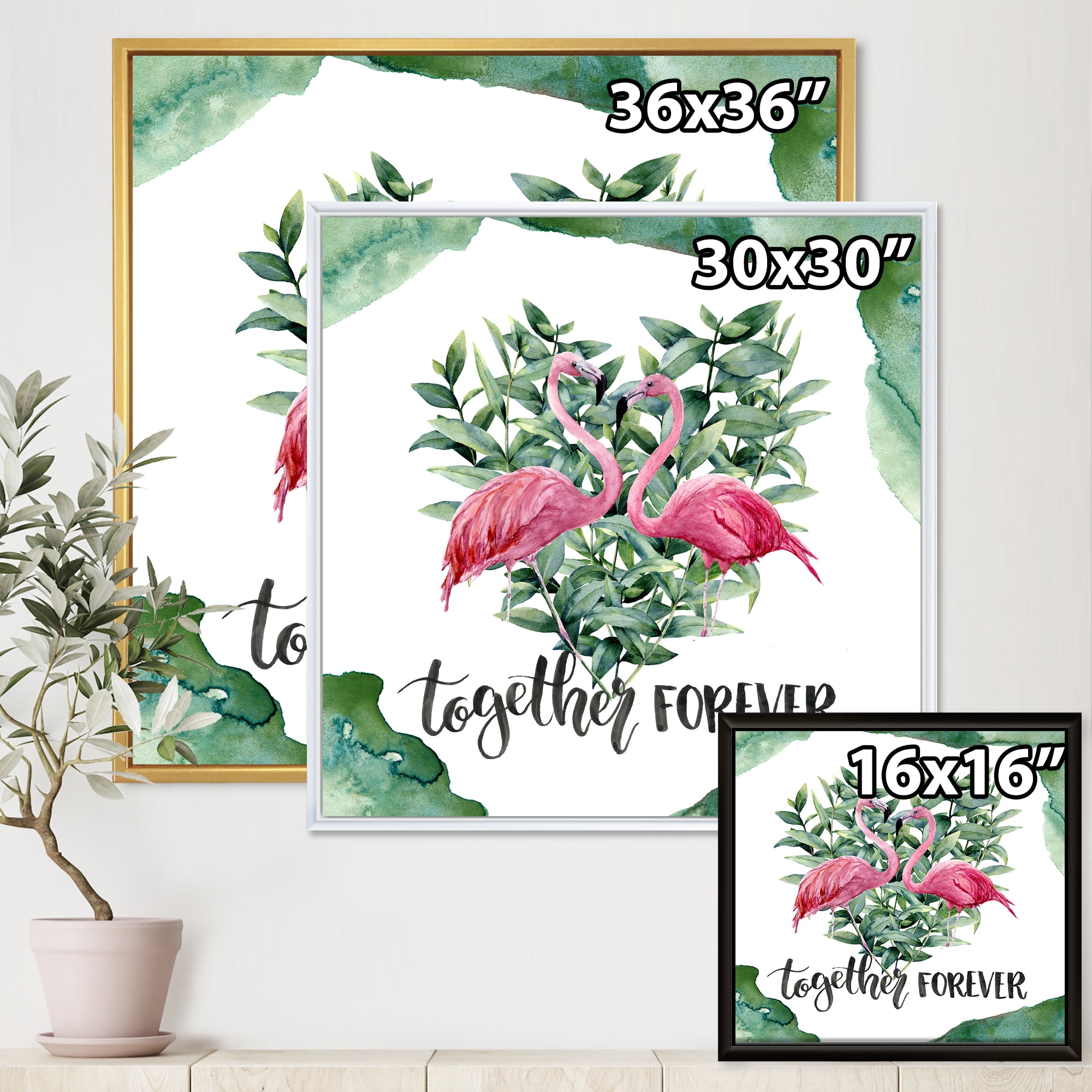 Designart 'Eucalyptus Leaves With Flamingo Floral Heart' Traditional Framed Canvas Wall Art Print