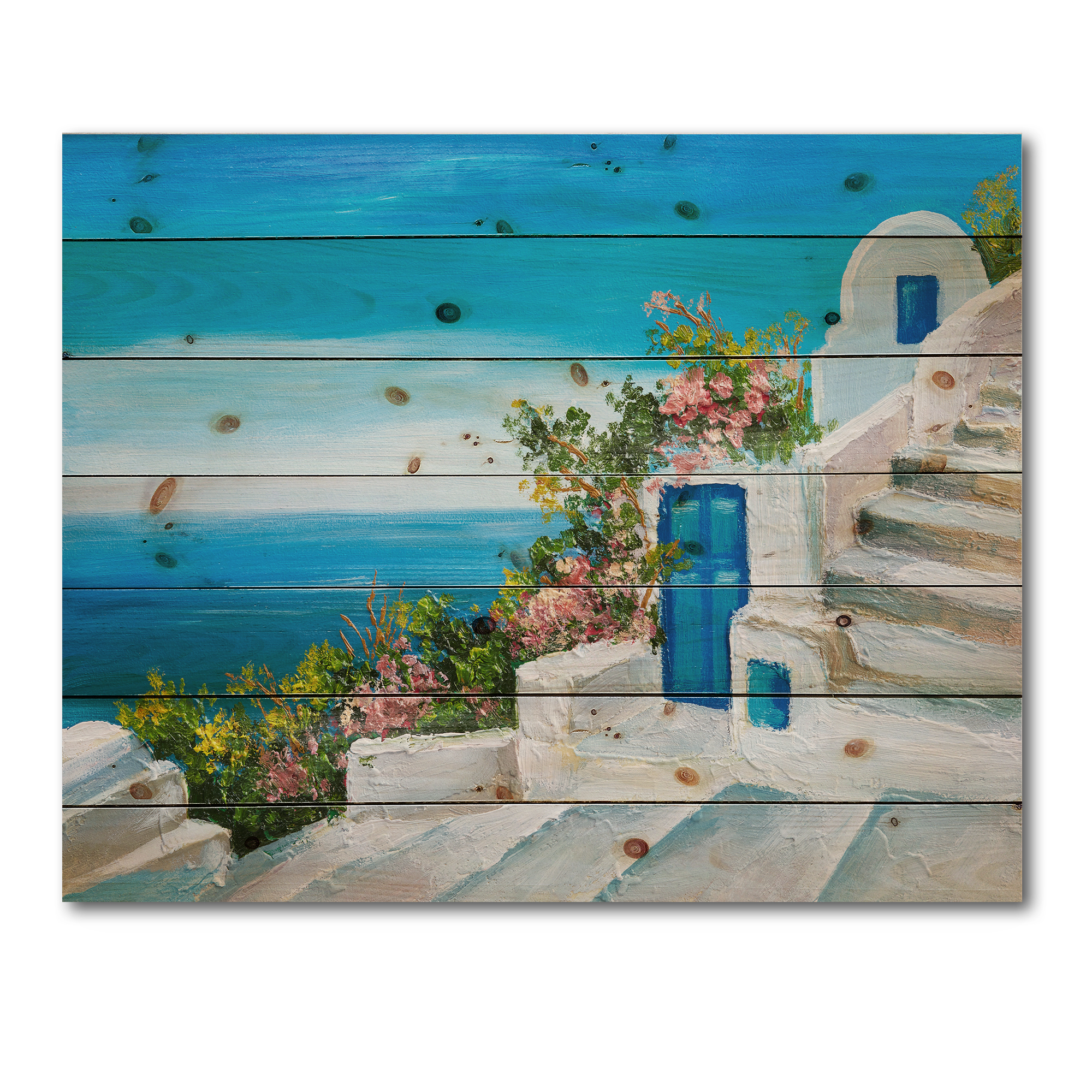 Designart 'House With Colorful Flowers Near The Sea IV' Nautical & Coastal Print on Natural Pine Wood