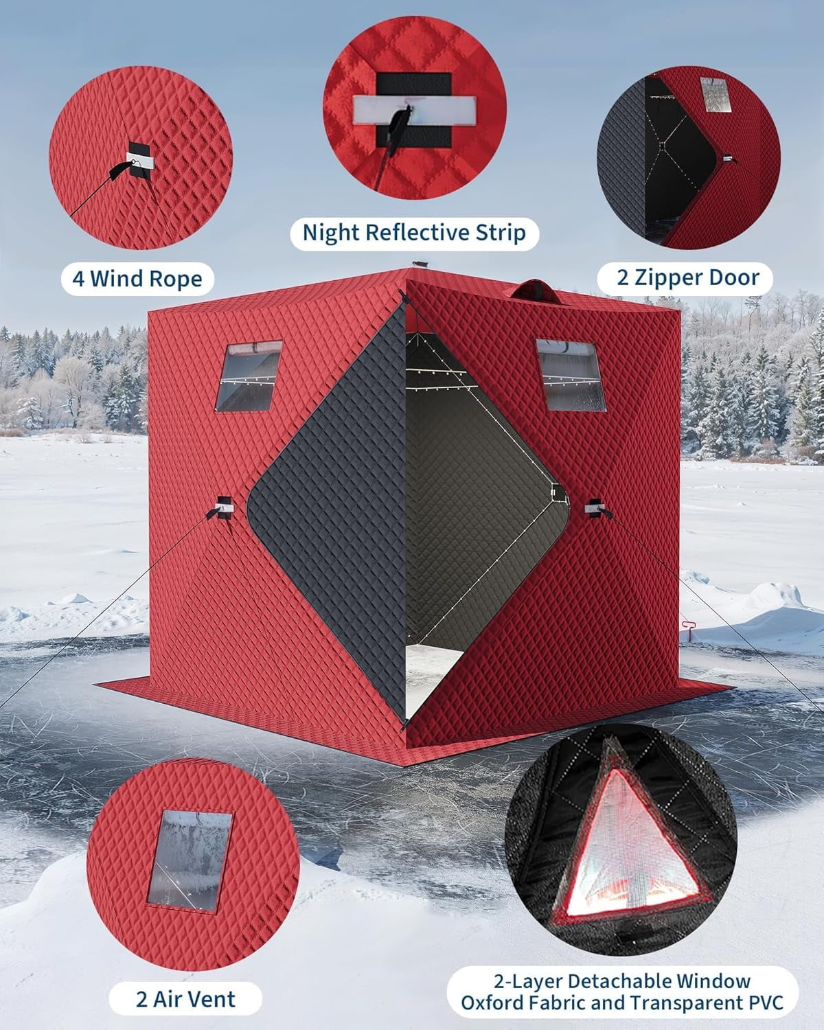 Lumiparty Pop Up Ice Fishing Tent Fully Insulated, Portable 1-2 Person Ice Fishing Shelter, Waterproof Oxford Fabric, Winter Windproof Hut Snow Hub with Anchors, Ropes & Carry Bag, Red