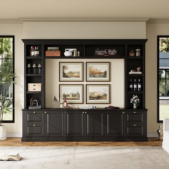 All-in-One Modern TV Stand with Bookcase for TVs up to 70 inch, Entertainment Center with 3 Adjustable Shelves and Display Storage Cabinet, Ample Storage Space TV Stand for Living Room, Black