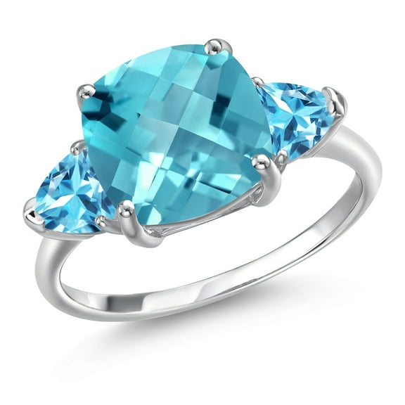Gem Stone King 10K White Gold Swiss Blue Topaz Engagement Ring for Women | 5.21 Cttw | Cushion Checkerboard 10MM | Gemstone November Birthstone | Size 7