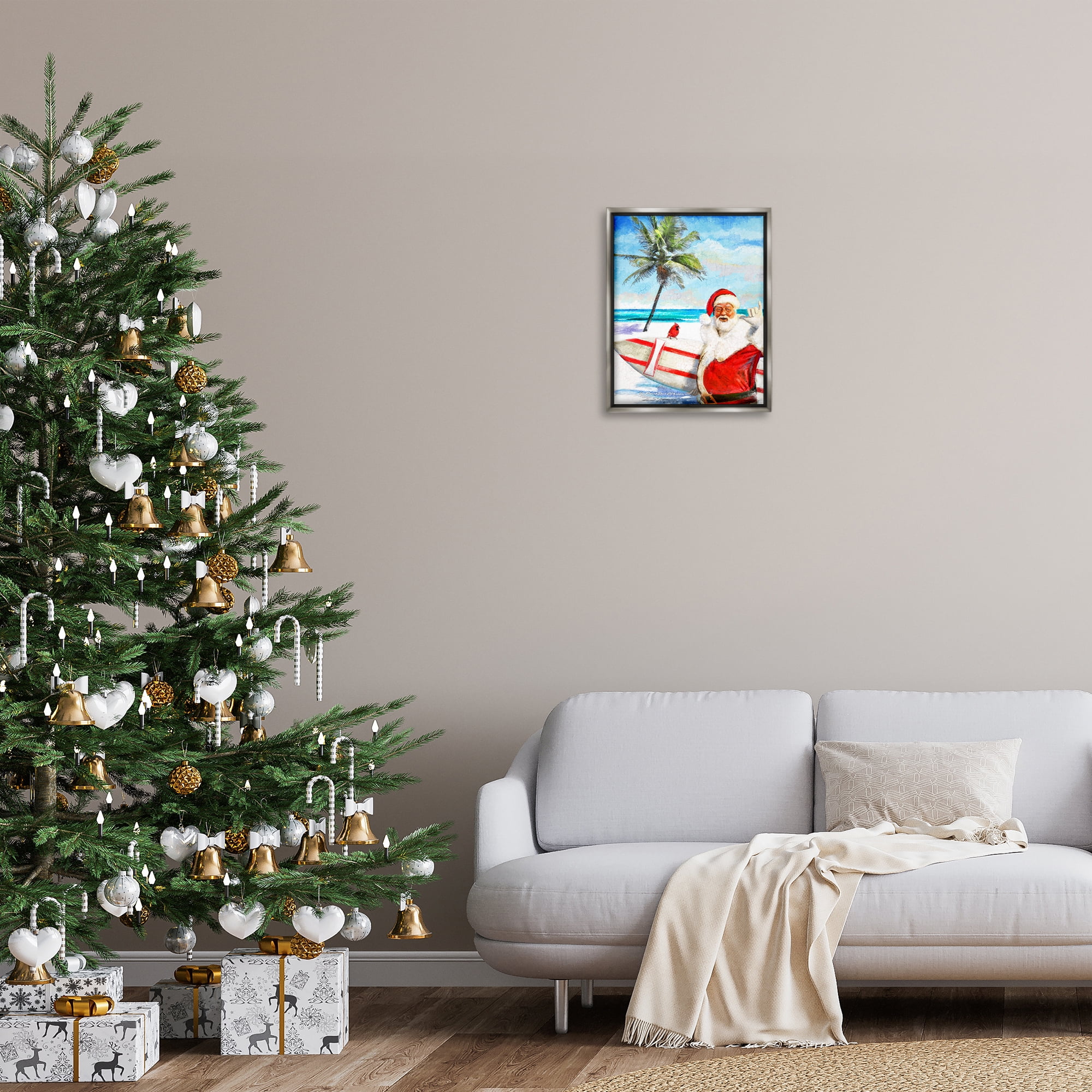 Stupell Industries Surfing Santa at Beach Holiday Painting Gray Floater Framed Canvas Art Prints Wall Art, 17 x 21