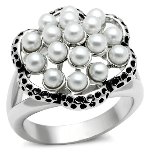 Alamode 3W232-7 Women Rhodium Brass Ring with Synthetic in White - Size 7