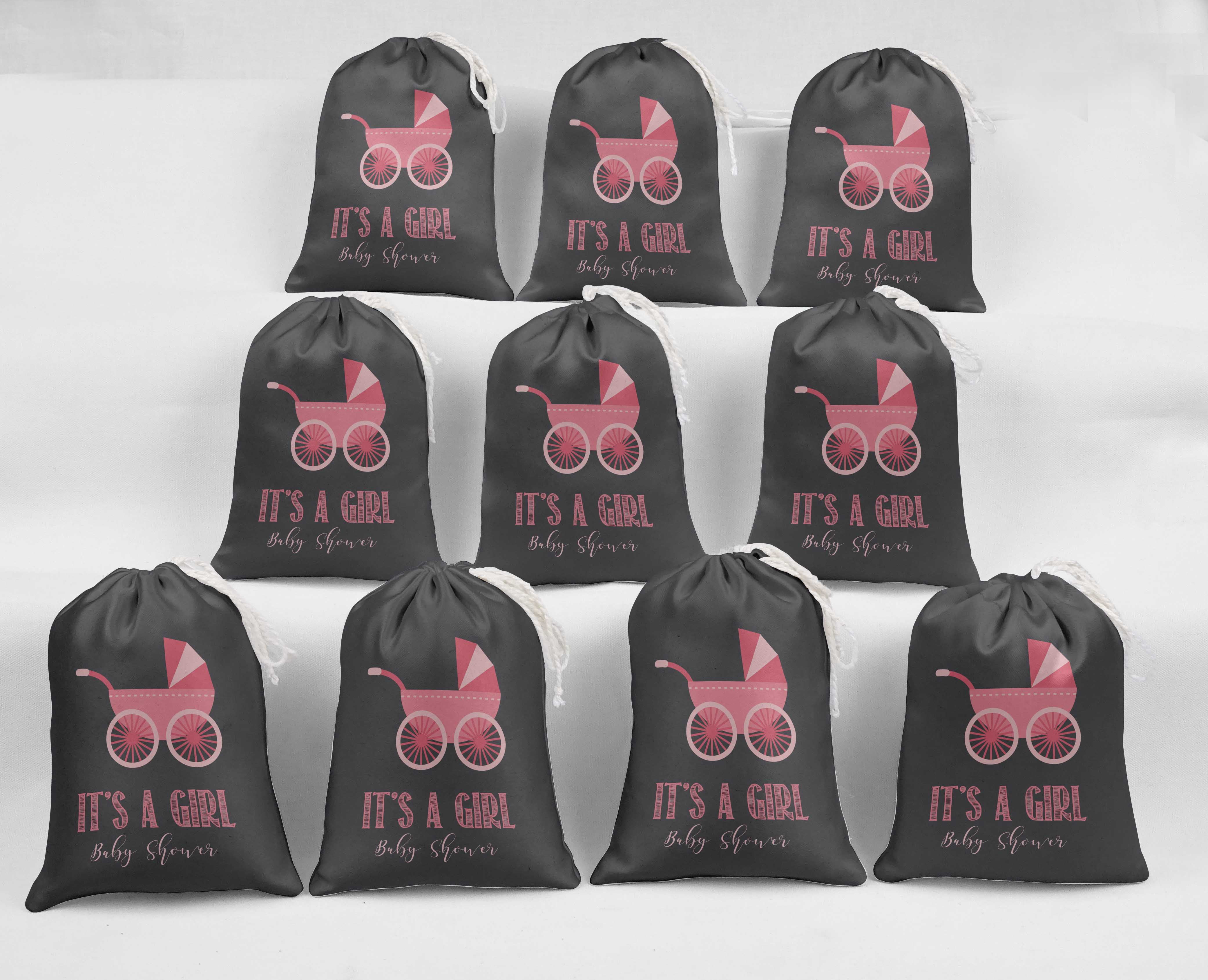 Darling Souvenir Gray Carriage & It'S A Girl Baby Shower Party Supplies&nbsp;Drawstring Pouches&nbsp;Favor Bags 15 Pieces