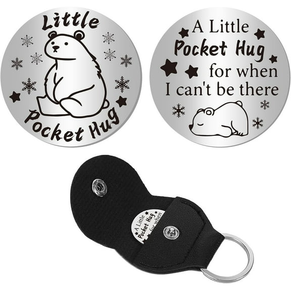 Pocket Hug Token Long Distance Social Relationship Keepsake Stainless Steel Double Sided Inspirational Gift with PU Leather Keychain for Women Men Bestie Friends Polar Bear 1.2x1.2 Inch