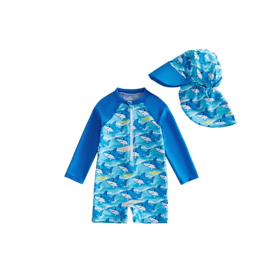 BemeyourBBs Toddler Baby Boy One Piece Swimsuit with Hat Infant Bathing Suit Cartoon Shark Turtle Long Sleeve Rash Guard Zip-up Sweawear Summer Pool Beachwear