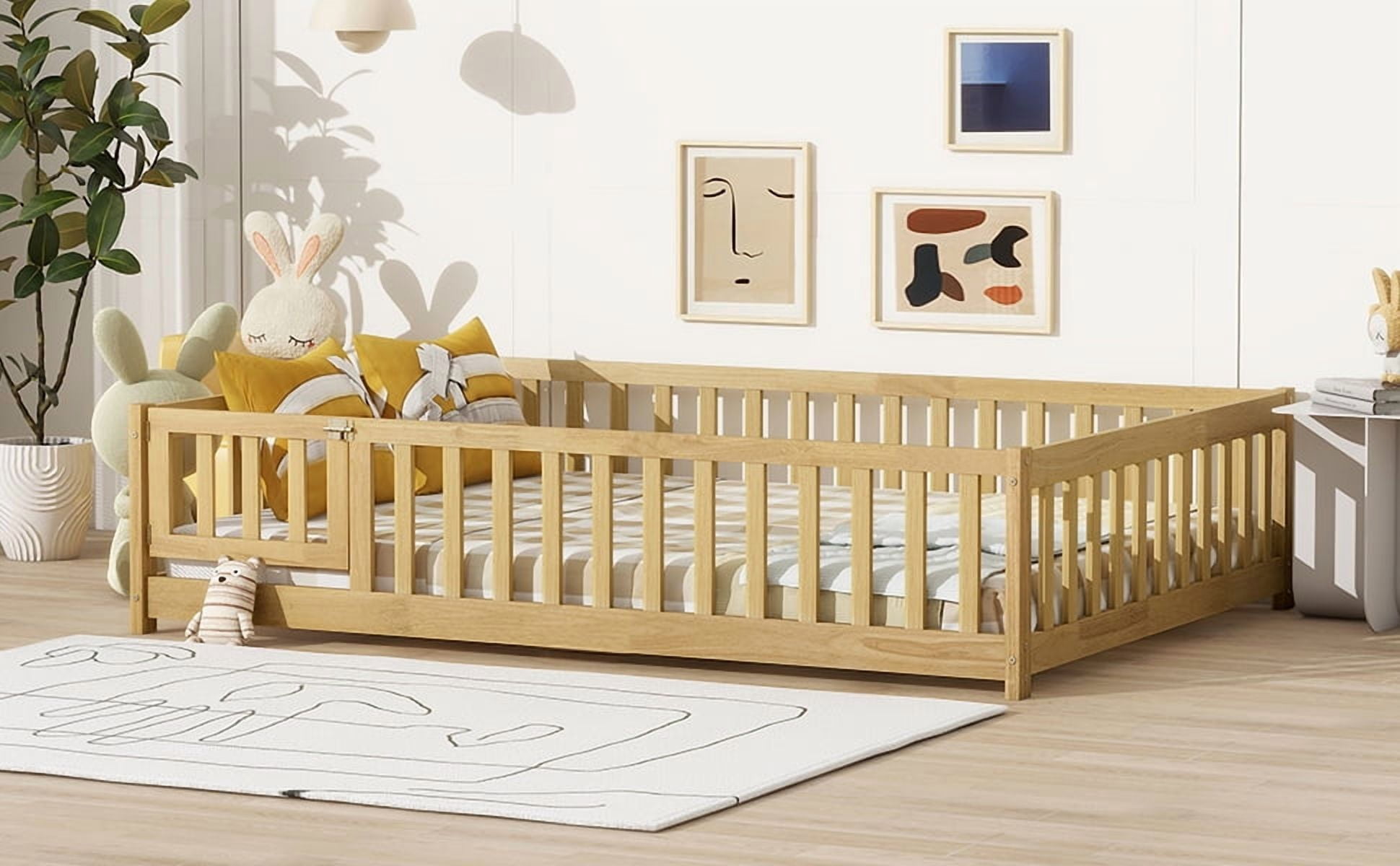 Full Size Floor Bed with Fence and Door,Rubber Wood Floor Bed with Safety Guardrails,Natural