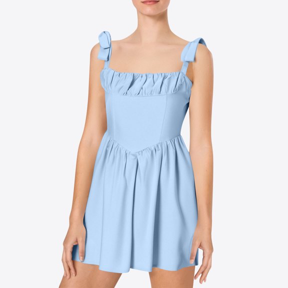 Bnwani Ladies Dresses,Summer Dresses,Ruched,Square Neck,Tie,High Waist,Blue,XL