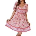 thumbnail image 3 of Women Casual- Summer Dress Boho V Neck Short Sleeve Babydoll Floral Print Flowy Beach Dress Pink S, 3 of 9