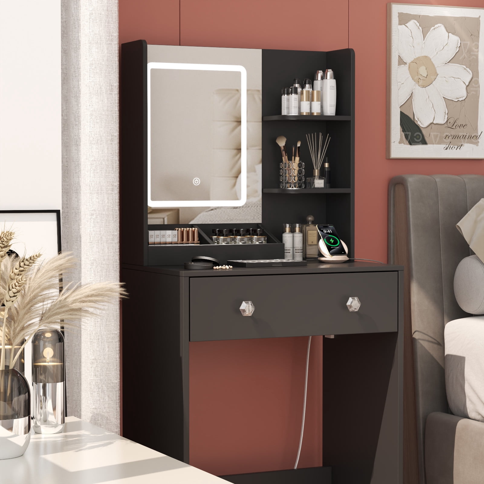 Tydimor Vanity Desk with Mirror & Lights, GRWM Vanity with Drawers & Storage Shelves, Makeup Dressing Table with Charging, Black