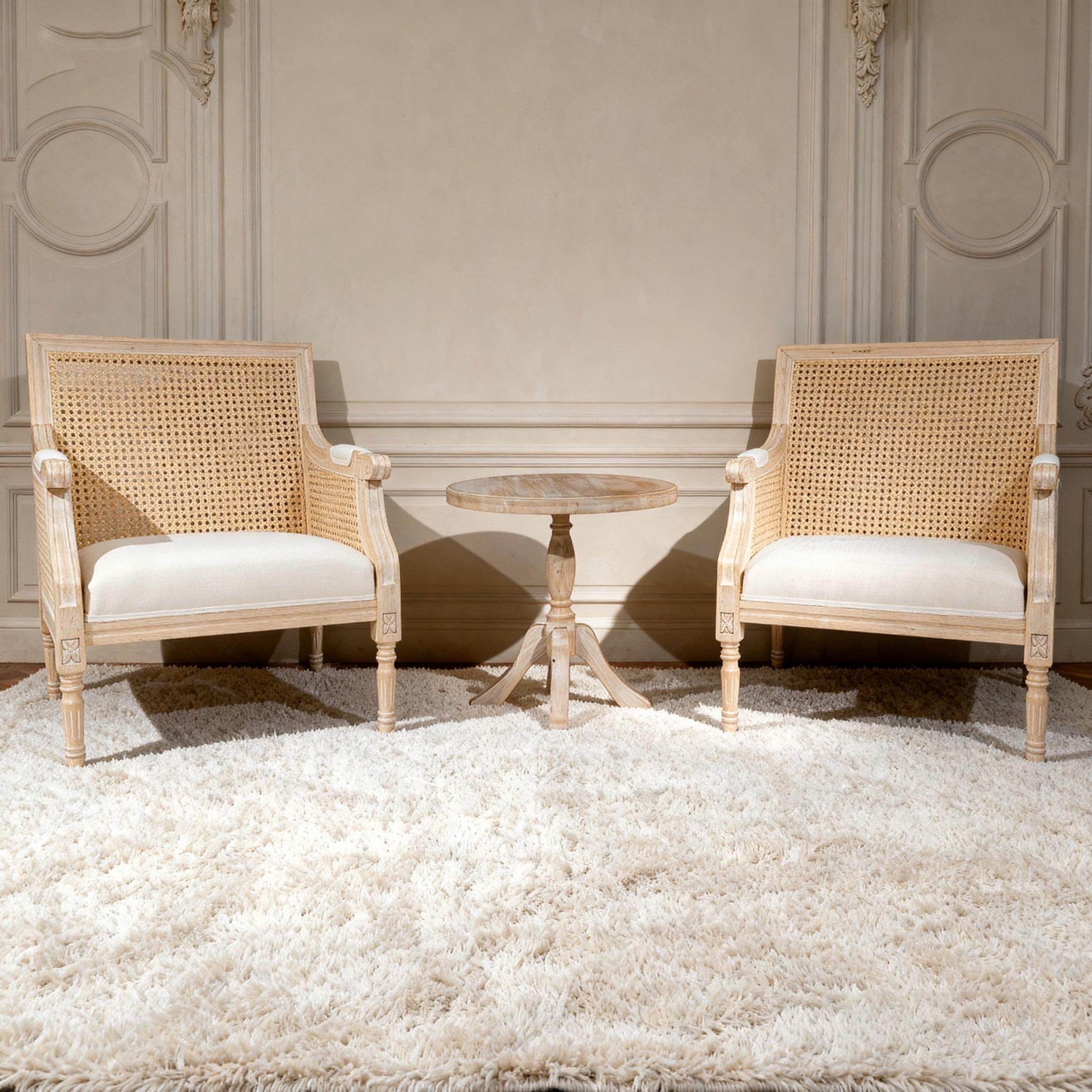 Noble House French Country Upholstered Accent Armchair with Vintage Rattan Back and Solid Rubber Wood Frame, Beige