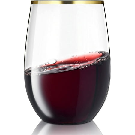 

Beverages Soda Juice 30 Pack Stemless Plastic Wine Glasses - 16 oz - BPA Free Disposable Wine Glasses for Parties - Shatterproof - Gold Rimmed