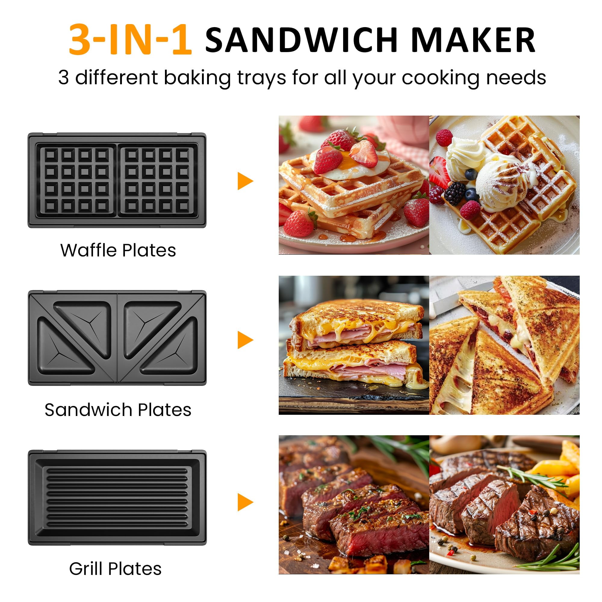 Sunvivi 3 in 1 Electric Sandwich Maker with Removable Non-Stick Plates, Indicator Lights & Cool Touch Handle, 750W, Black