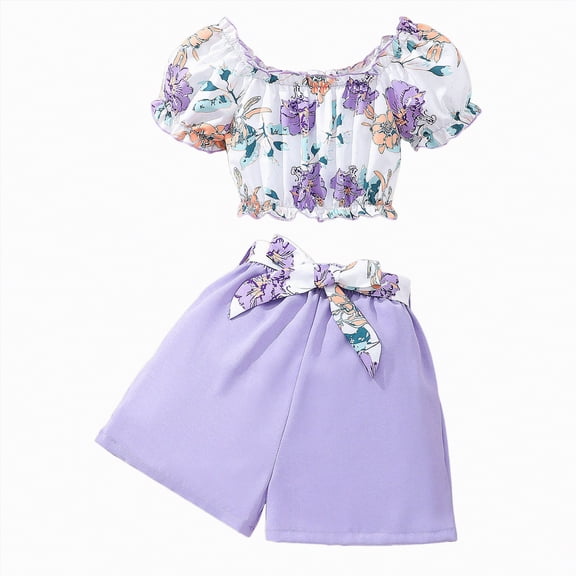 mgoYE Girl Outfits Size 10-12 Girls 2-Piece Outfits Ruffle Sleeve Tee & Elastic Waist Pants Kids Summer Clothing Set(Purple,7-8 Years)